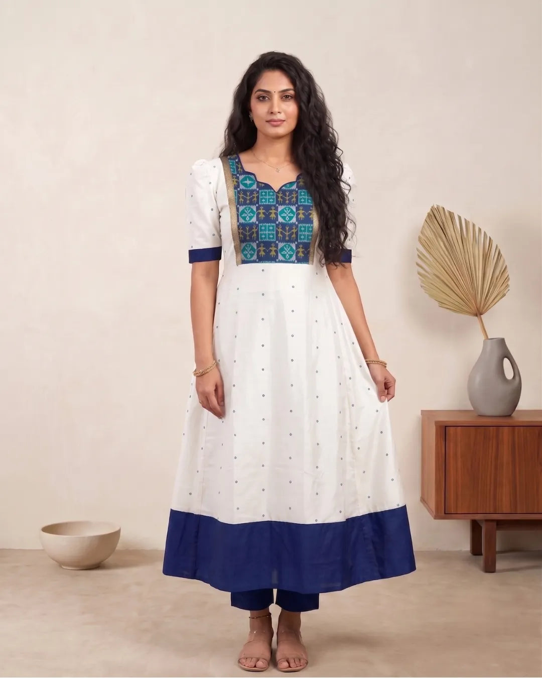 Padma White & Blue Sambalpuri Handloom Anarkali Dress