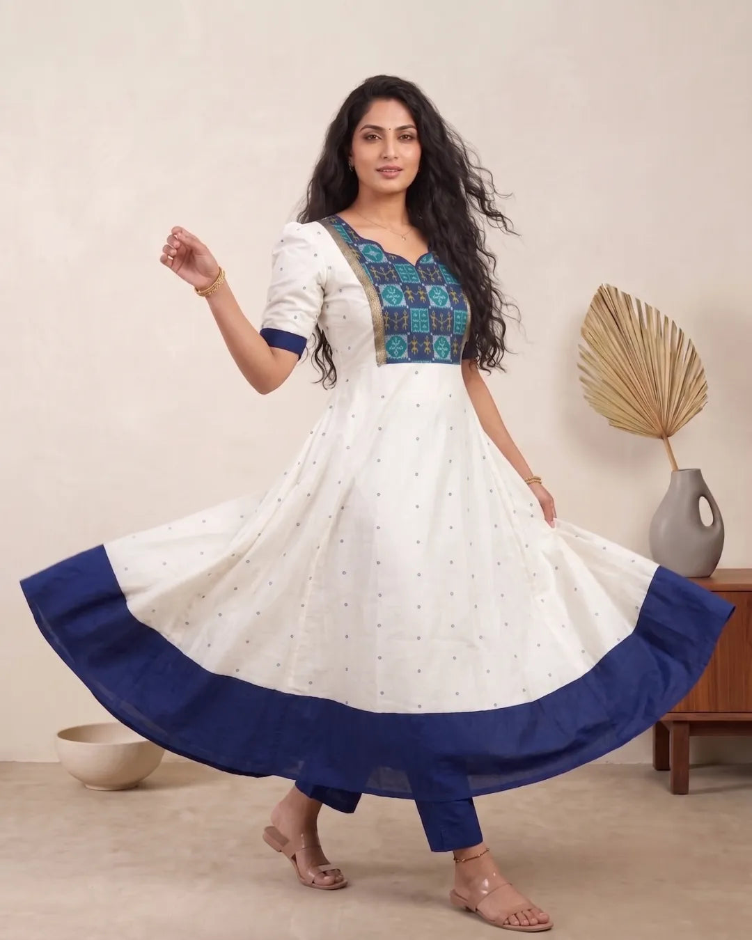 Padma White & Blue Sambalpuri Handloom Anarkali Dress