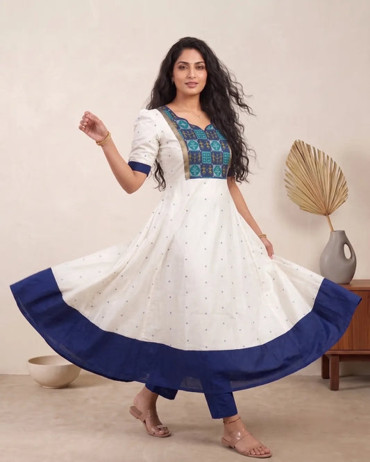 Padma White & Blue Sambalpuri Handloom Anarkali Dress