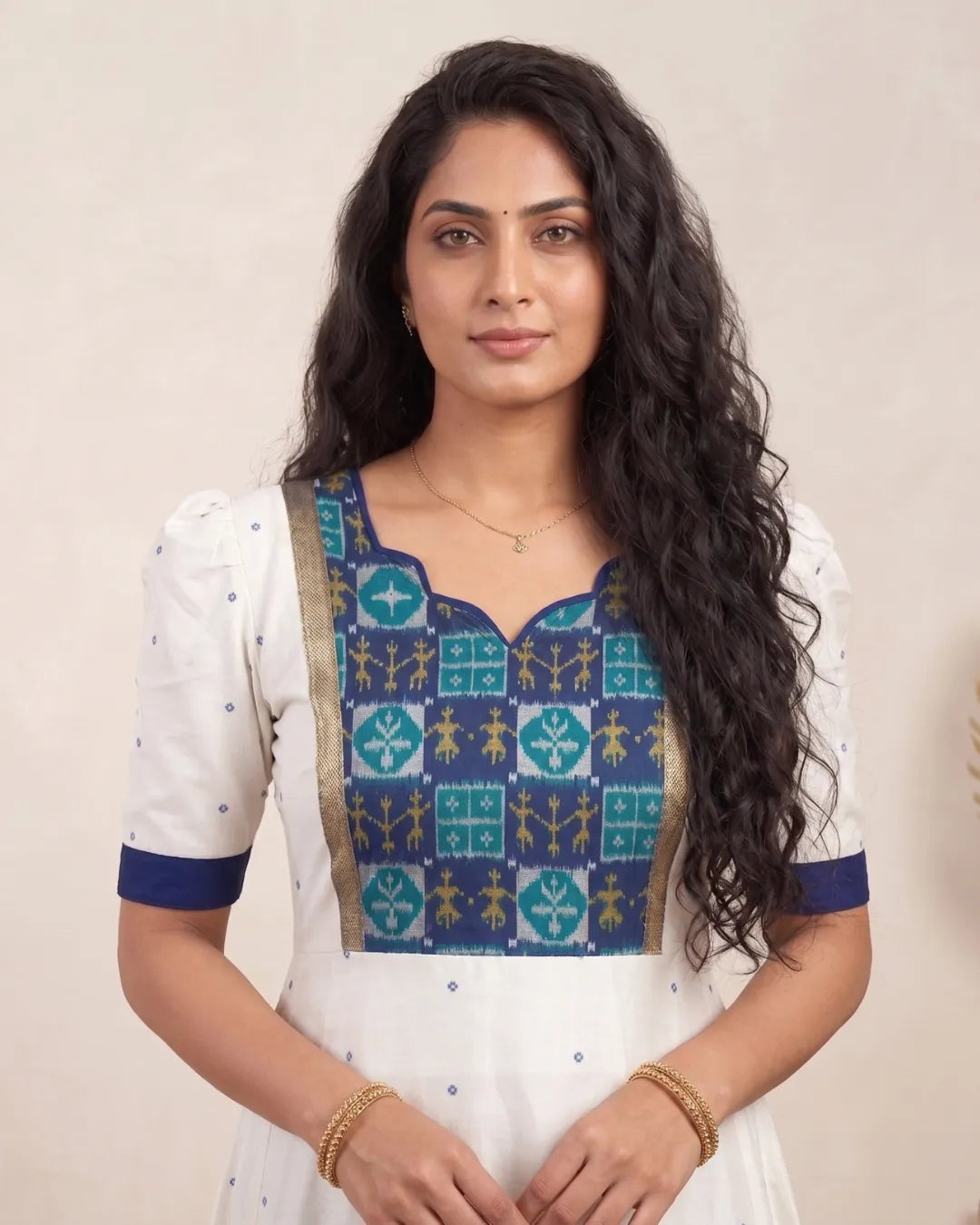 Padma White & Blue Sambalpuri Handloom Anarkali Dress