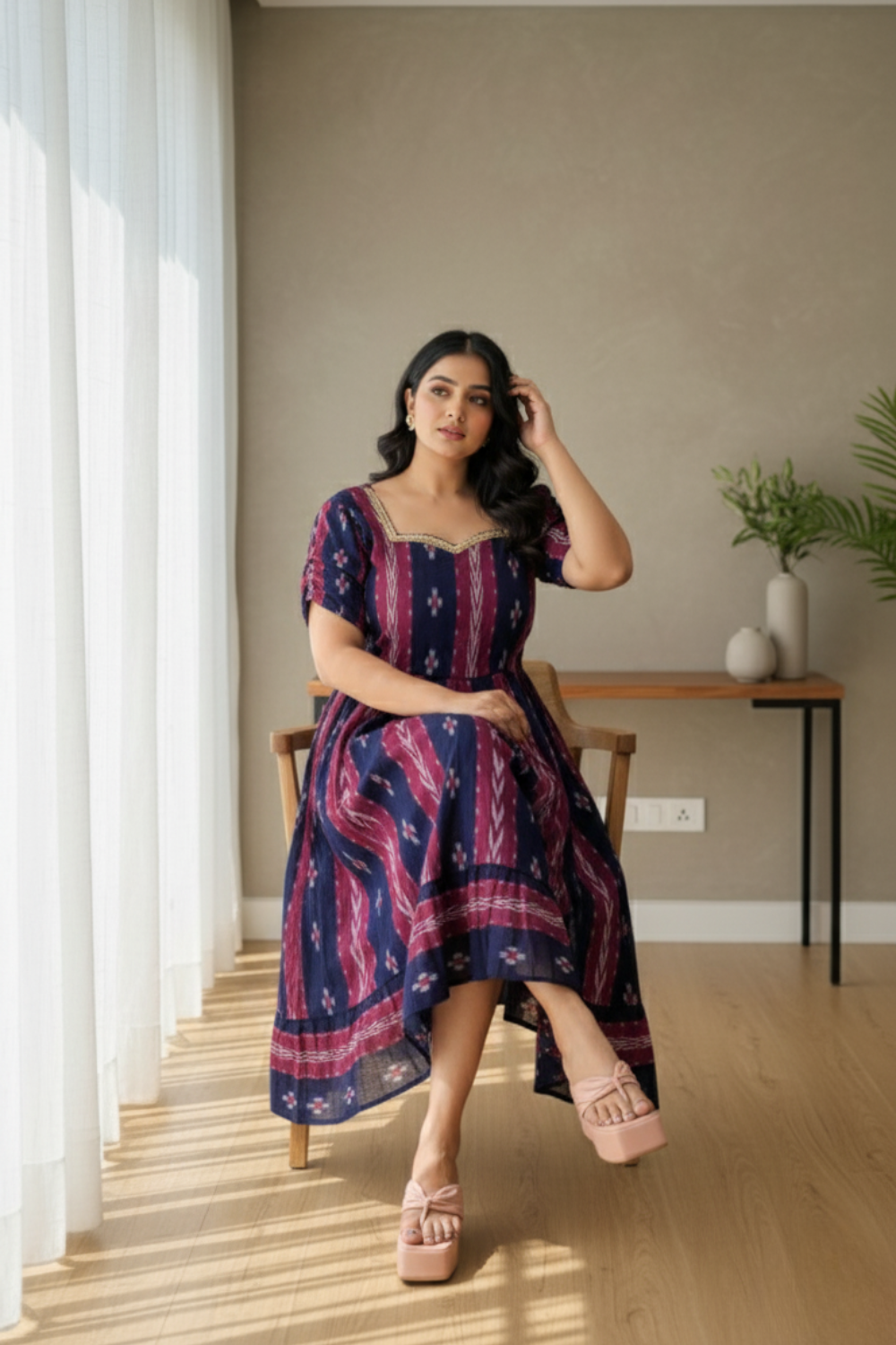 Sambalpuri Handloom Navy and Pink Midi Dress
