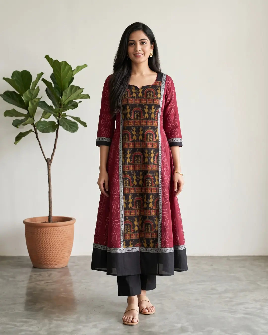 Madhavi Maroon Sambalpuri Handloom Anarkali Dress