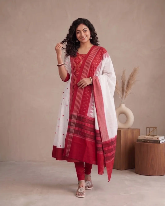 Diptiragini Red & Ivory Sambalpuri Handloom Anarkali Dress
