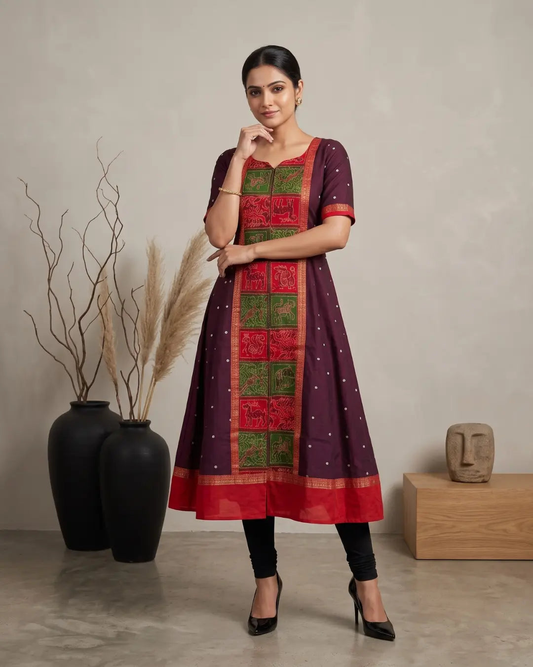 Chitrangada Maroon Sambalpuri Handloom Anarkali Dress