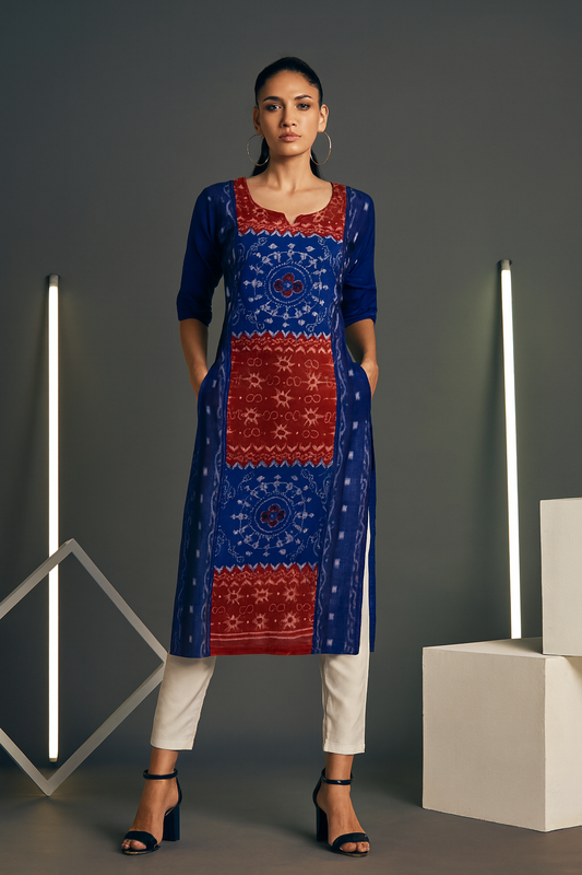 Sambalpuri Blue & Red Ikat Cotton Straight Kurti | Handloom Ethnic Wear for Women