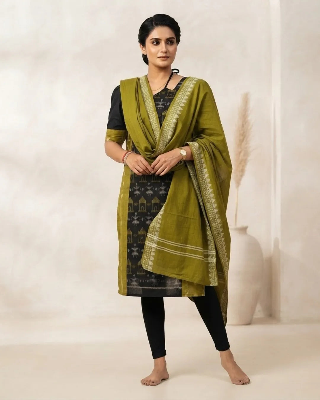 Aranya Black & Olive Green Sambalpuri Handloom Kurta Set