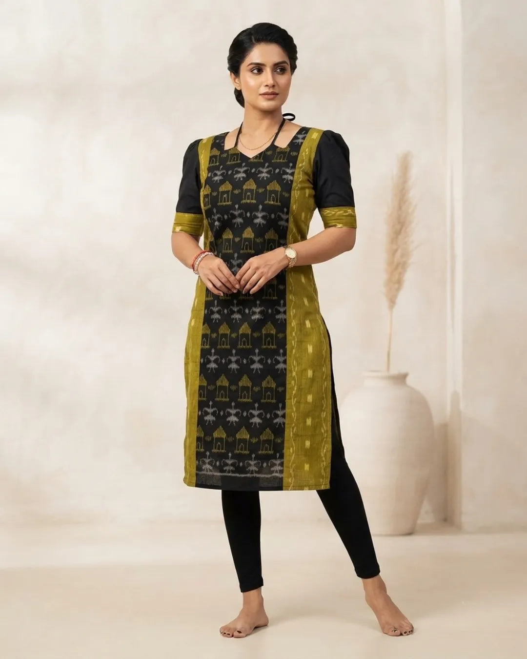 Aranya Black & Olive Green Sambalpuri Handloom Kurta Set