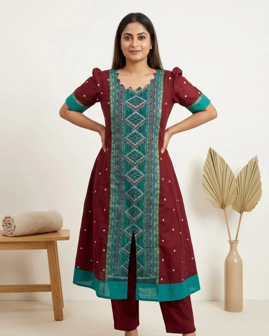 Tarini Maroon & Teal Sambalpuri Handloom Anarkali Dress