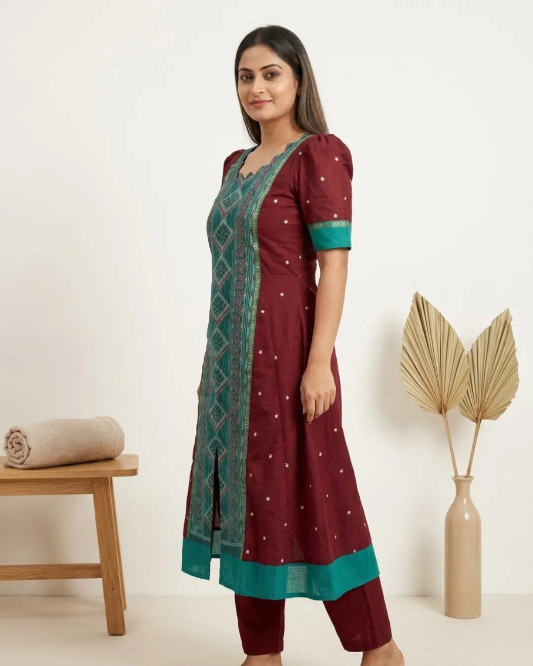 Tarini Maroon & Teal Sambalpuri Handloom Anarkali Dress