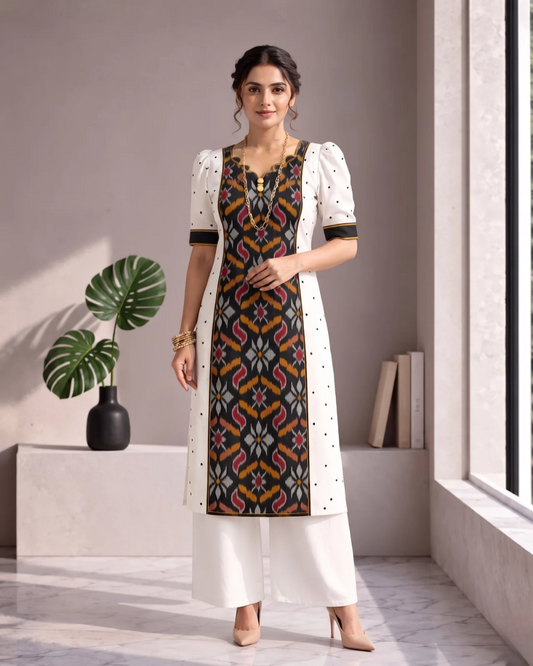 Ishani, Black & White Sambalpuri Handloom Cotton Kurti