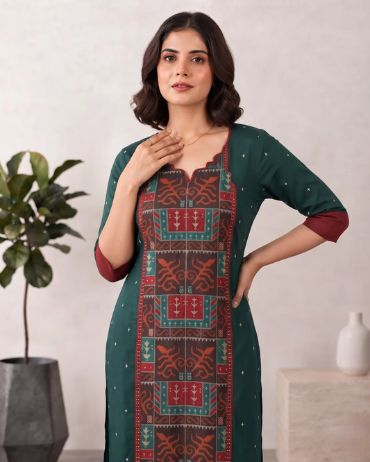 Varnika, Bottle Green & Maroon Sambalpuri Handloom Cotton Kurti