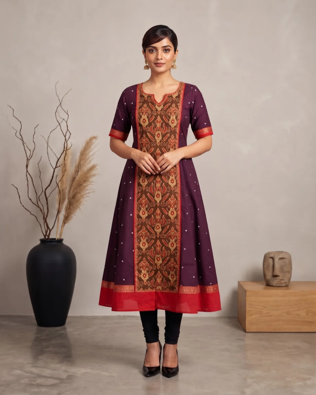 Vaidehi, Plum Purple & Red Sambalpuri Handloom Cotton Gown