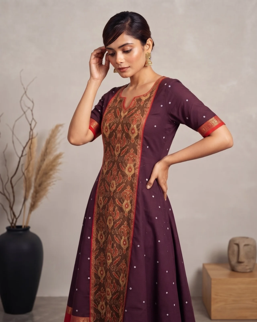 Vaidehi, Plum Purple & Red Sambalpuri Handloom Cotton Gown