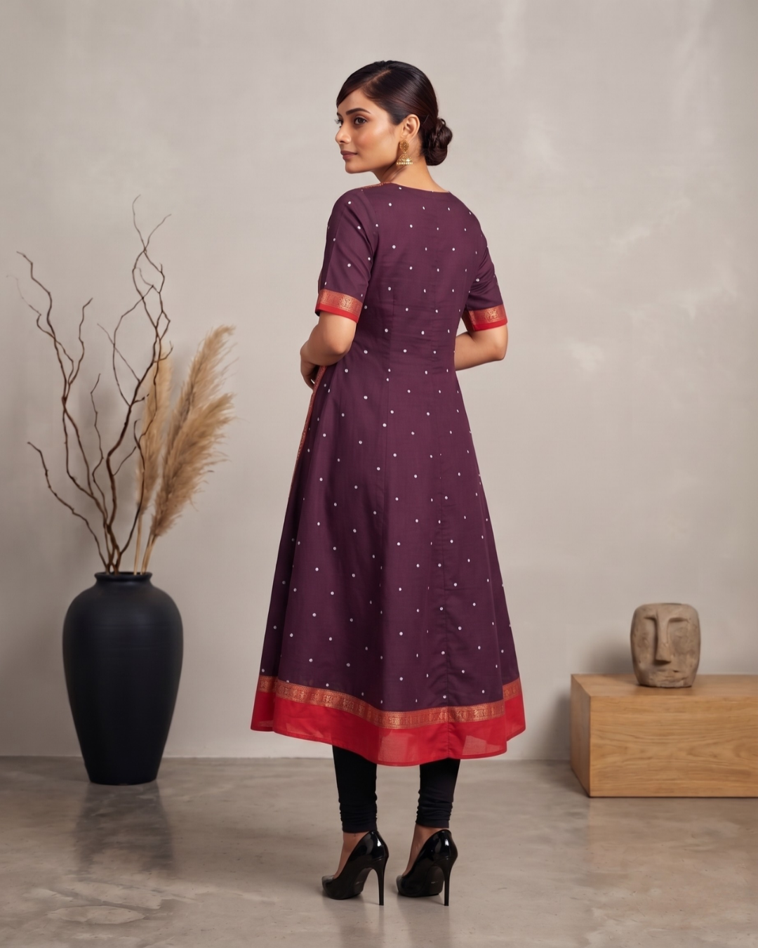 Vaidehi, Plum Purple & Red Sambalpuri Handloom Cotton Gown