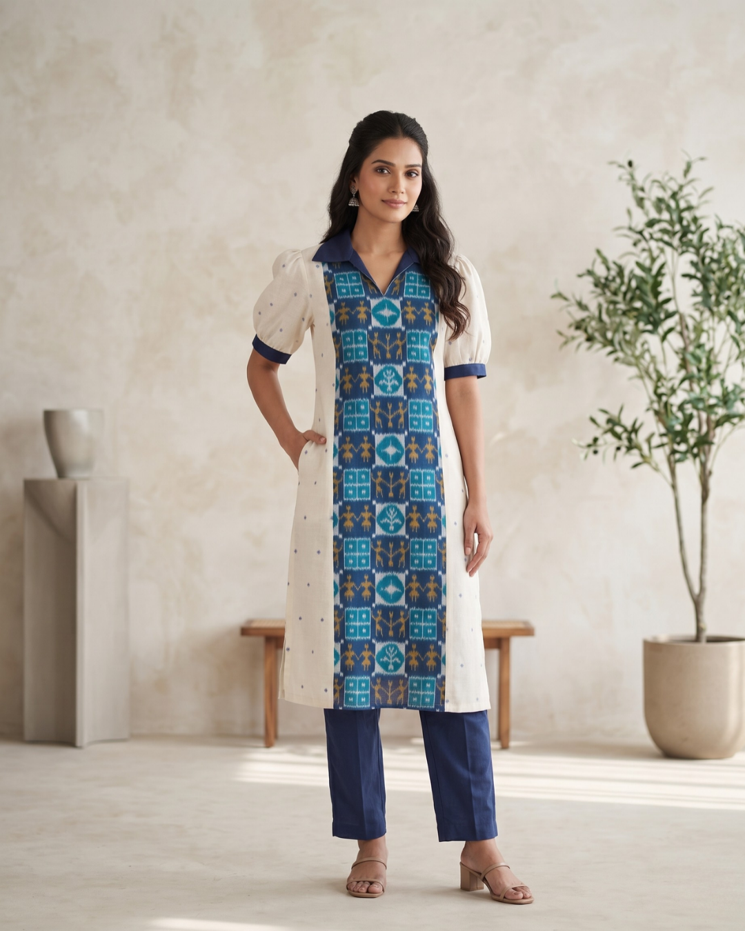 Aarohi Ivory & Blue Sambalpuri Handloom Cotton Kurti