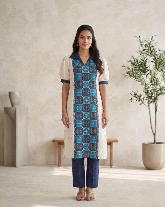 Aarohi Ivory & Blue Sambalpuri Handloom Cotton Kurti