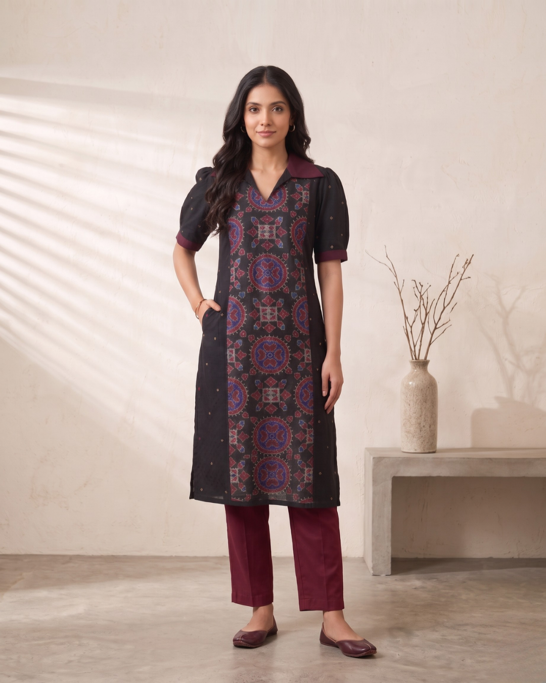 Saanvi, Black & Wine Sambalpuri Handloom Cotton Kurti