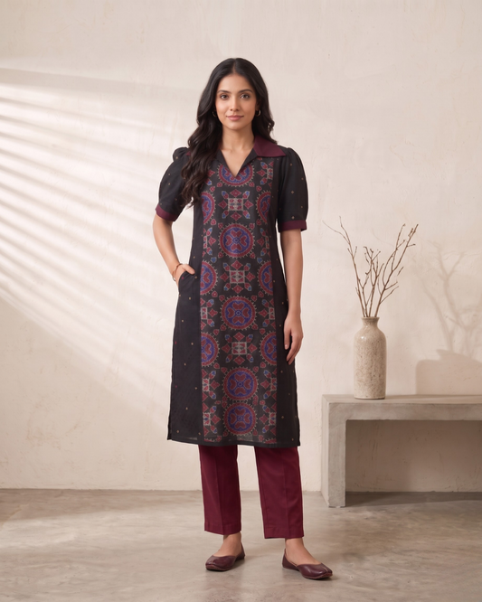 Saanvi, Black & Wine Sambalpuri Handloom Cotton Kurti