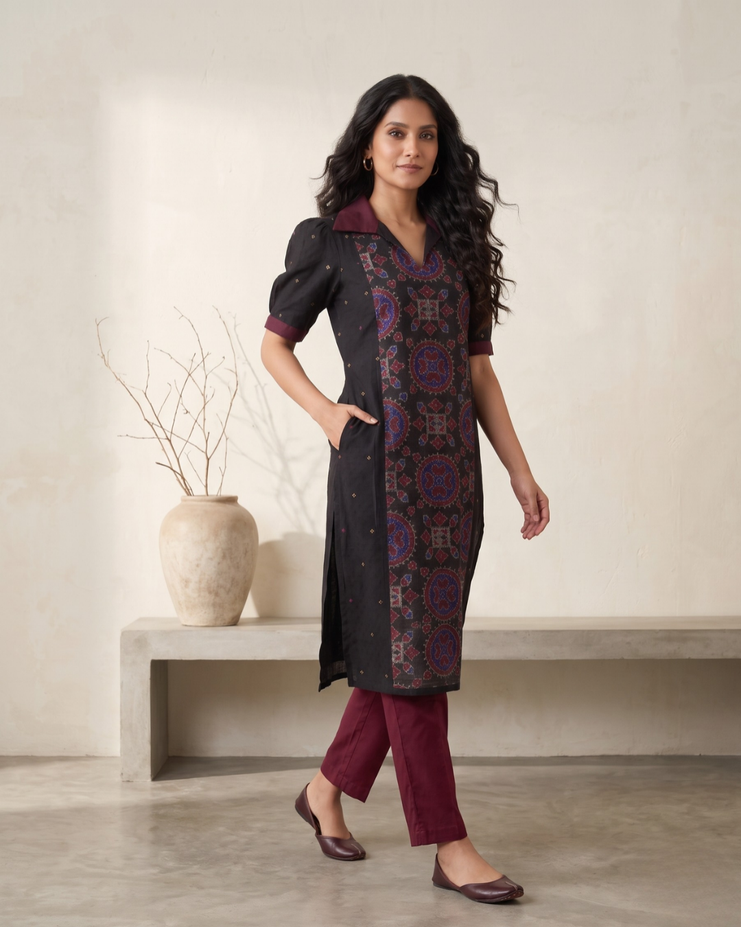 Saanvi, Black & Wine Sambalpuri Handloom Cotton Kurti