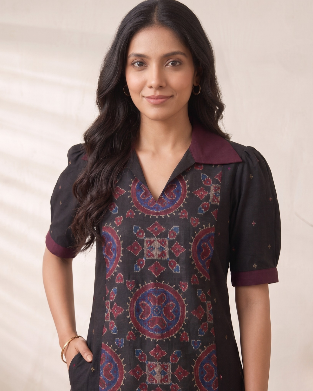 Saanvi, Black & Wine Sambalpuri Handloom Cotton Kurti