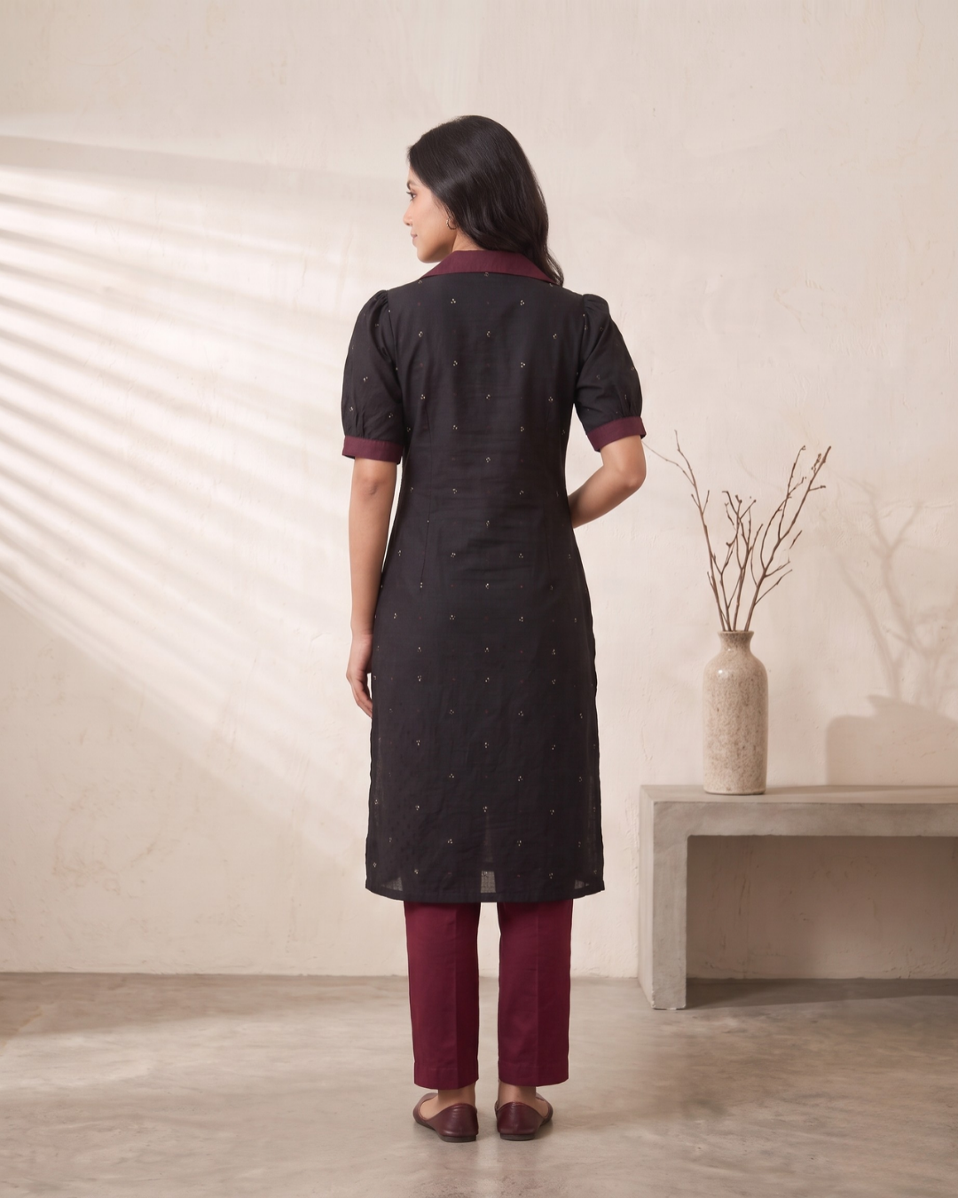 Saanvi, Black & Wine Sambalpuri Handloom Cotton Kurti