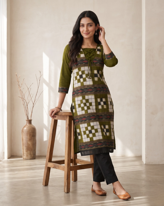 Aaranya Olive Green and Black Handloom Cotton Kurti