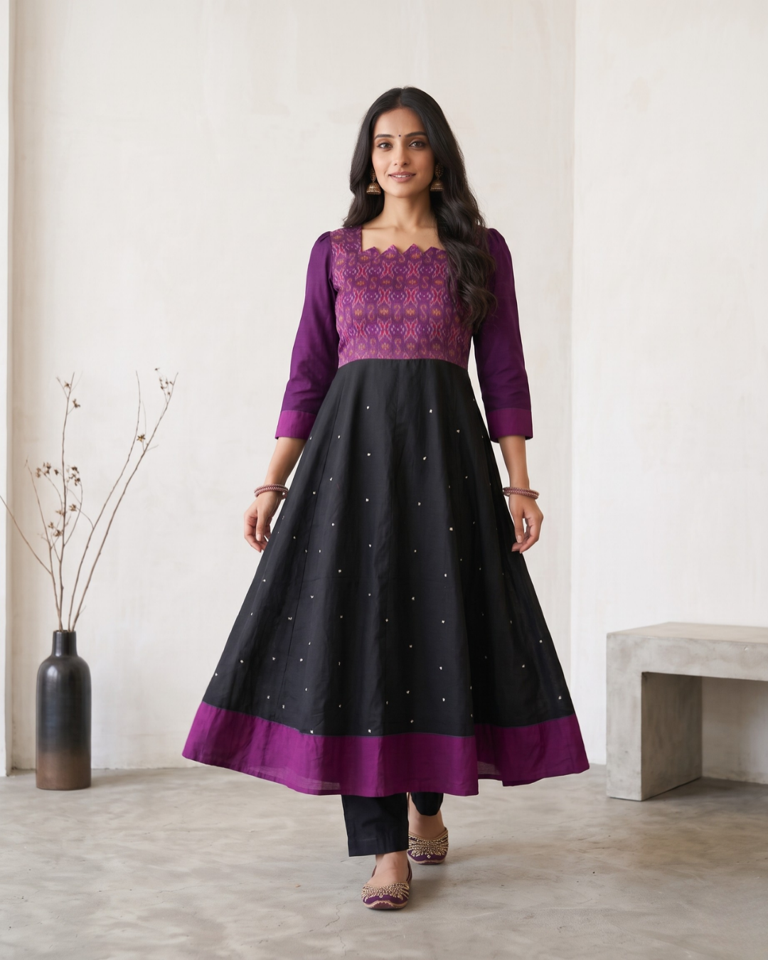 Ishani Purple and Black Handloom Cotton Anarkali Dress