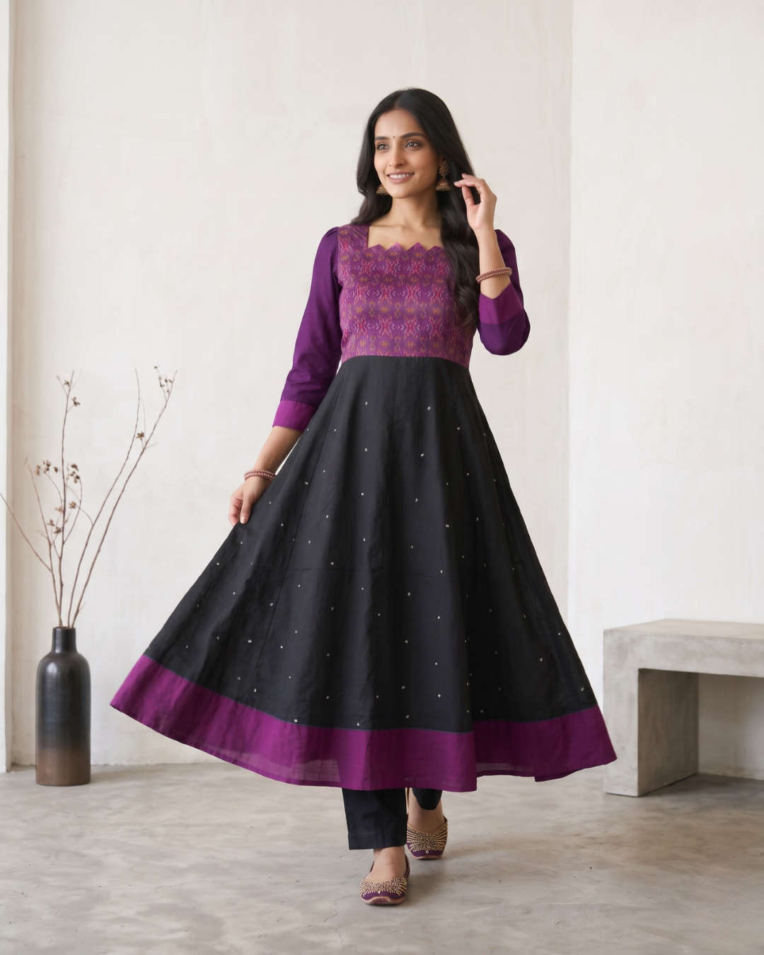 Ishani Purple and Black Handloom Cotton Anarkali Dress