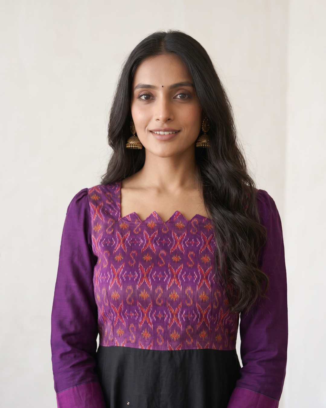 Ishani Purple and Black Handloom Cotton Anarkali Dress