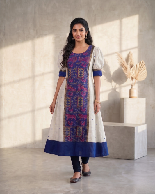 Mayuri Blue and Cream Sambalpuri Handloom Cotton Gown