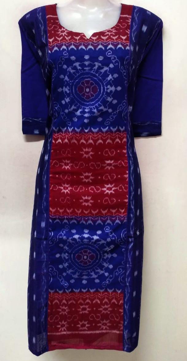 Sambalpuri Blue & Red Ikat Cotton Straight Kurti | Handloom Ethnic Wear for Women